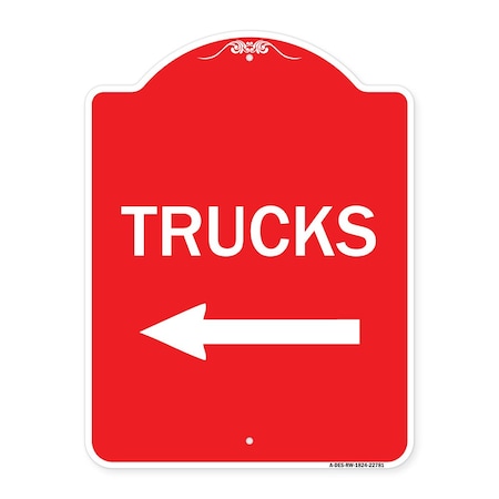 Signmission Trucks Sign Trucks W/ Left Arrow, Red & White Aluminum Architectural Sign, 18" x 24", RW-1824-22781 A-DES-RW-1824-22781